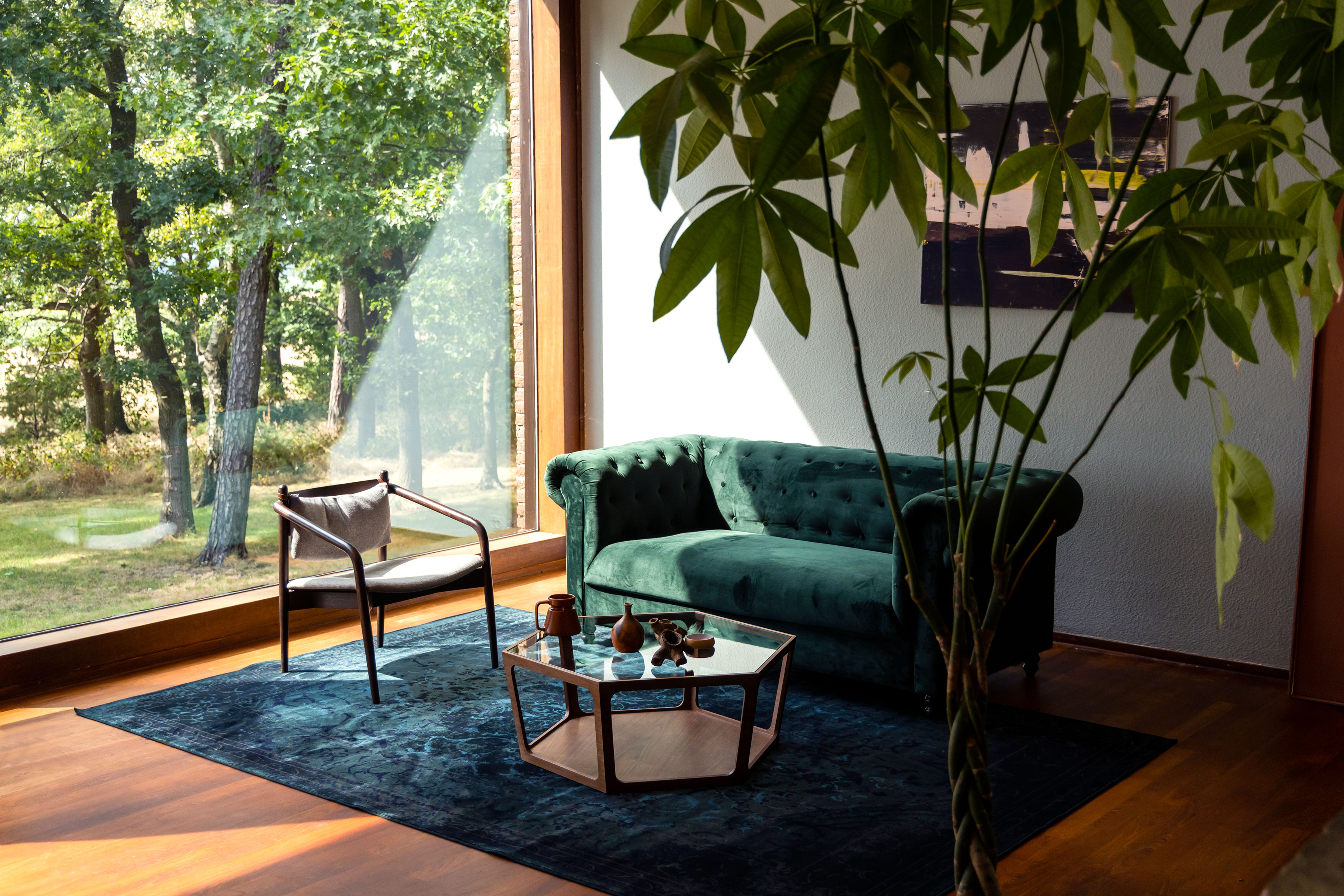 Dutchbone Sita Walnut Brown Wood & Glass Hexagon Coffee Table